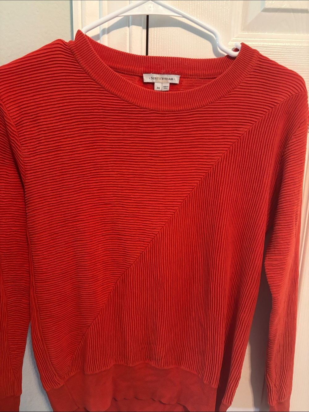 Surface to air  Coral-Red Diagonal Rib Crewneck Sweater
